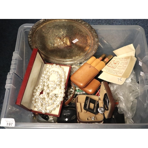 197 - Tub of assorted items to include: silver plated tray, various modern costume jewellery, leather ciga... 