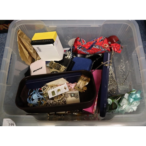 199 - Plastic box of assorted costume jewellery and watches: Swarovski earrings, necklaces, brooches etc. ... 