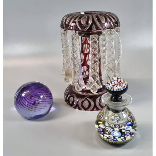 20 - Victorian ruby flash cut glass vase lustre, together with a Caithness 'Vortice' paperweight and anot... 