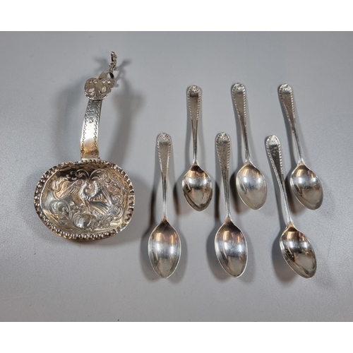 203 - Collection of six teaspoons, 2.1 troy oz approx. together with an unusual white metal probably Dutch... 