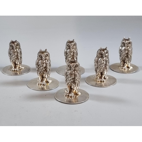 206 - Set of six silver menu card holders in the form of Owls.  London hallmarks maker's initials E&J.  10... 