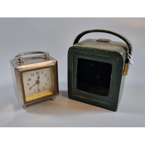 207 - Early 20th century silver plated travelling alarm clock in fitted leather case.  (B.P. 21% + VAT)