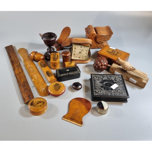 209 - Box of assorted treen to include: Mauchline Ware sewing accessories, pin cushion, needle case etc. 1... 