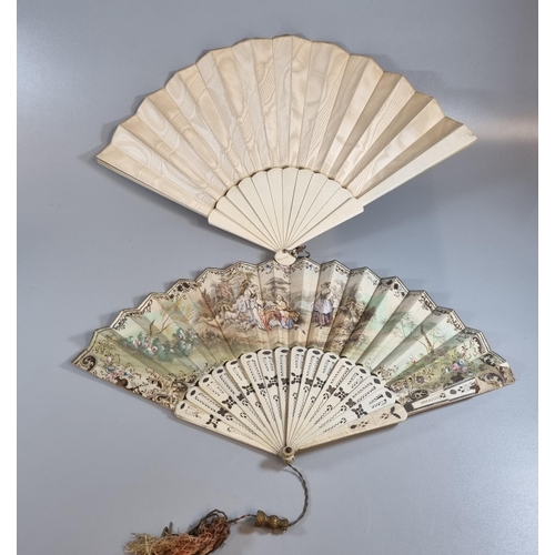 210 - Two antique fans with bone montures, one with a washed silk mount and the other an overpainted paper... 