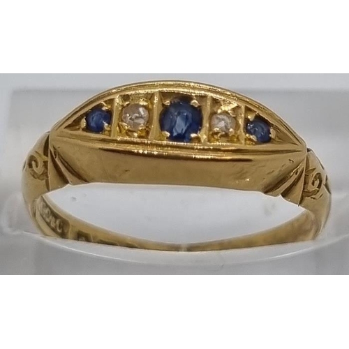 214 - 18ct gold diamond and sapphire five stone ring.  2.1g approx.  Size O.   (B.P. 21% + VAT)