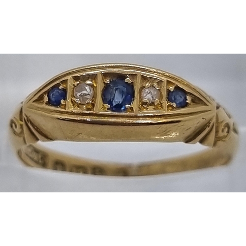 214 - 18ct gold diamond and sapphire five stone ring.  2.1g approx.  Size O.   (B.P. 21% + VAT)