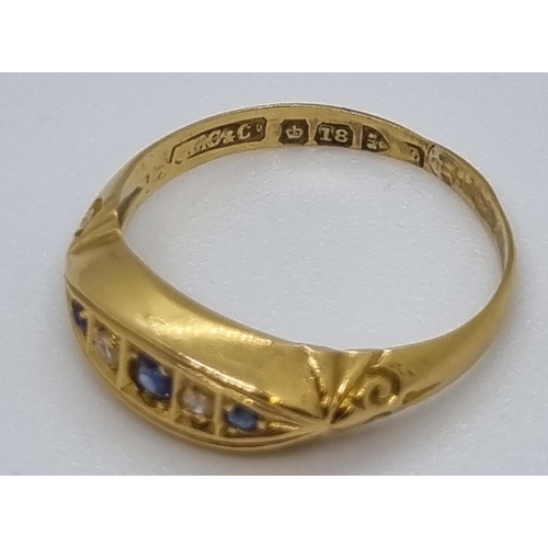 214 - 18ct gold diamond and sapphire five stone ring.  2.1g approx.  Size O.   (B.P. 21% + VAT)