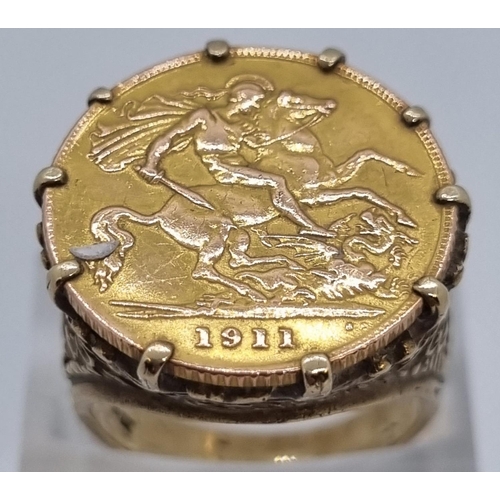 218 - 9ct gold ring inset with a 1911 gold half sovereign.  8.8g approx.  Size M1/2.   (B.P. 21% + VAT)