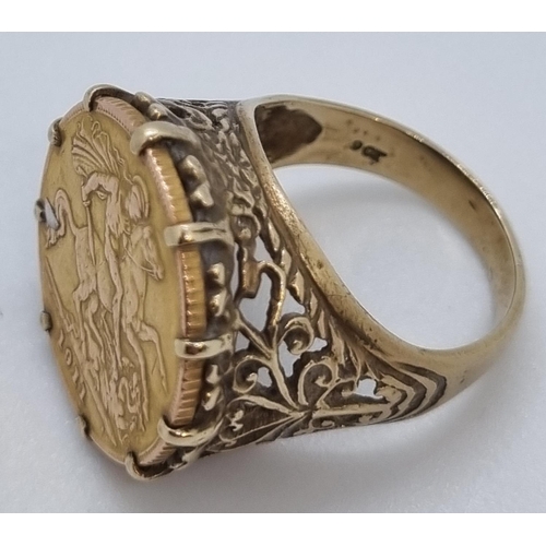 218 - 9ct gold ring inset with a 1911 gold half sovereign.  8.8g approx.  Size M1/2.   (B.P. 21% + VAT)