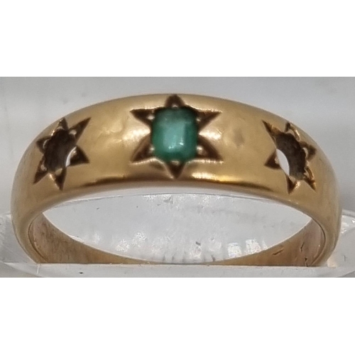 224 - Victorian design yellow metal and Emerald ring (missing two stones).  3g approx.  Size L.   (B.P. 21... 