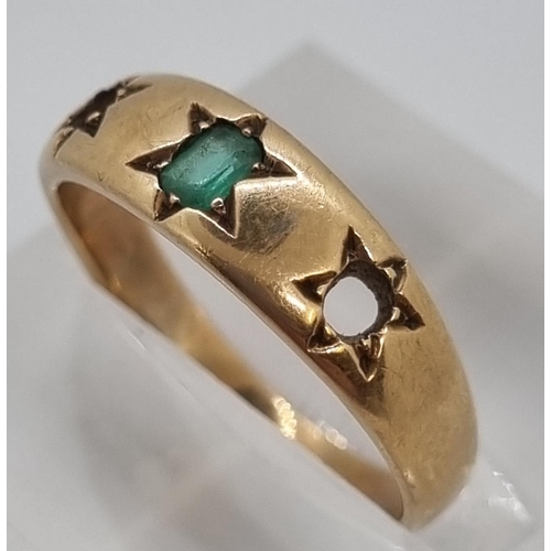 224 - Victorian design yellow metal and Emerald ring (missing two stones).  3g approx.  Size L.   (B.P. 21... 