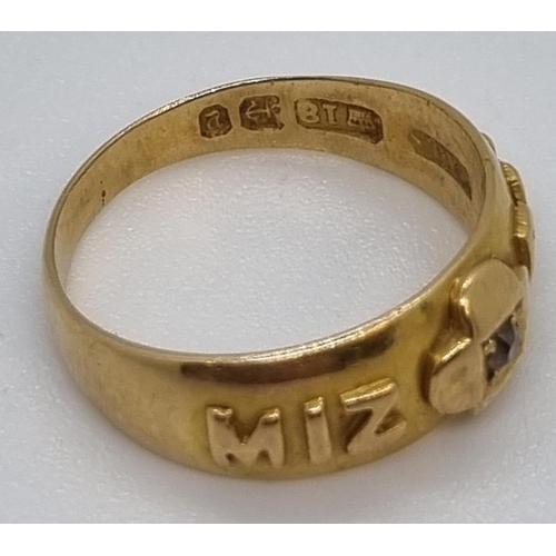 225 - 18ct gold and diamond ring marked 'Mizpah'.  4.4g approx.  Size L.   (B.P. 21% + VAT)