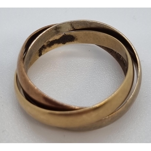 226 - 9ct gold tricolour 'Trinity' ring.  5.7g approx.   (B.P. 21% + VAT)