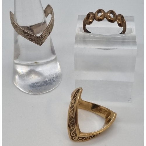 228 - 9ct gold ring together with a 9ct gold wishbone ring.  5.3g approx.  Together with a silver wishbone... 