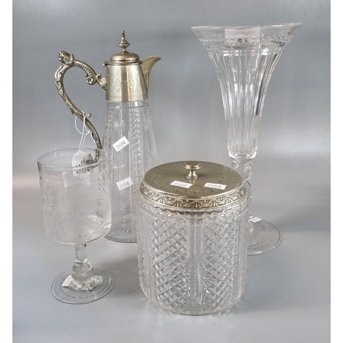 23 - Collection of glass to include: claret jug with silver mount and handle, hobnail cut biscuit barrel ... 