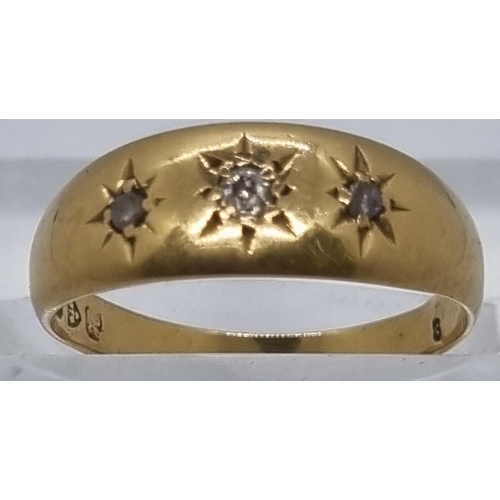 231 - 18ct gold and diamond three stone ring.  3g approx.  Size M.  (B.P. 21% + VAT)