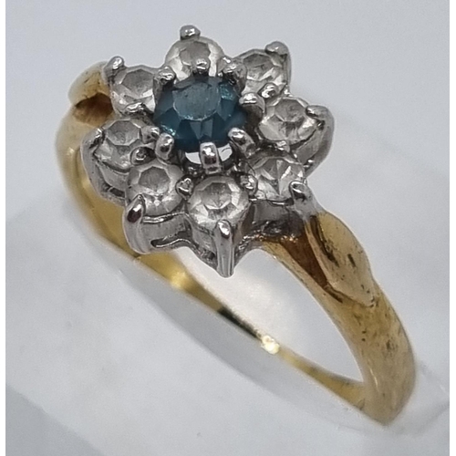 233 - 9ct gold blue and clear stone cluster dress ring. 2.3g approx.  Size O, together with a gold plated ... 