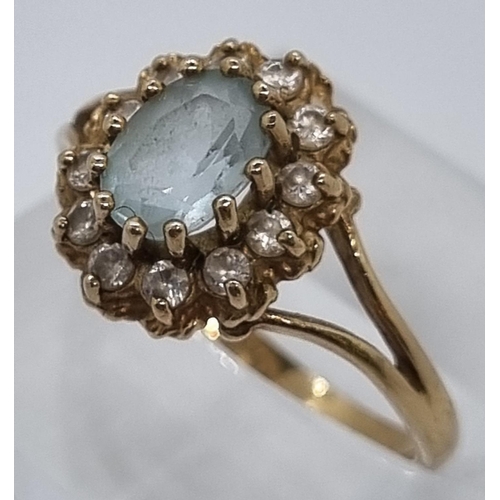 233 - 9ct gold blue and clear stone cluster dress ring. 2.3g approx.  Size O, together with a gold plated ... 