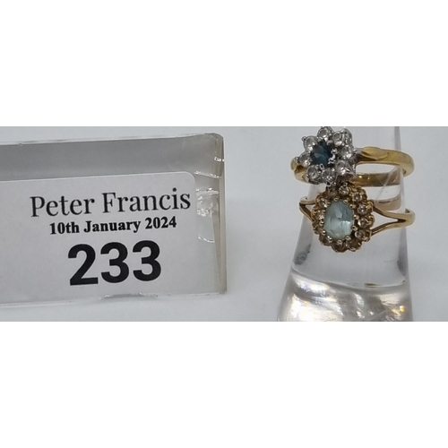 233 - 9ct gold blue and clear stone cluster dress ring. 2.3g approx.  Size O, together with a gold plated ... 