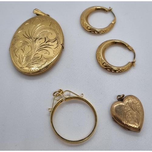 244 - Pair of 9ct gold hoop earrings.  1.7g approx. together with a sovereign/pendant mount, rolled gold e... 