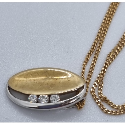 252 - 9ct gold fine chain with oval pendant inset with three white stones.  2.9g approx.   (B.P. 21% + VAT... 