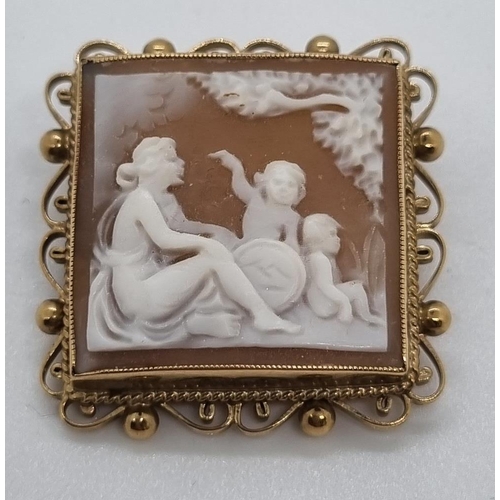 258 - Good quality 9ct gold ornately framed cameo brooch of square form.   (B.P. 21% + VAT)