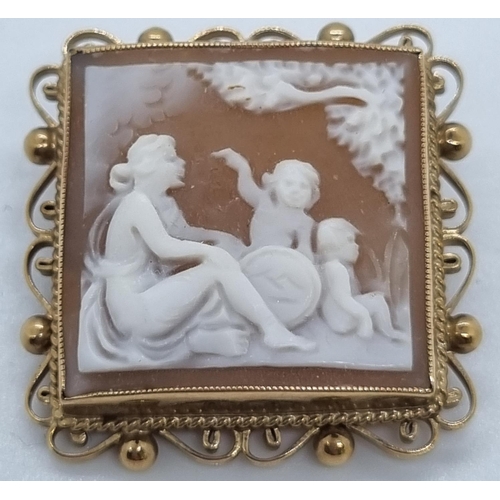 258 - Good quality 9ct gold ornately framed cameo brooch of square form.   (B.P. 21% + VAT)