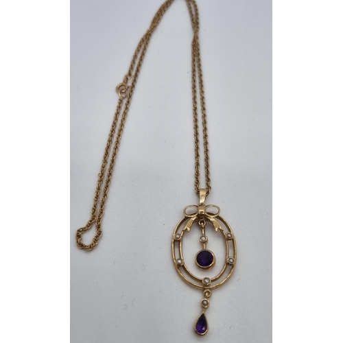 266 - Edwardian design 9ct gold Amethyst and pearl pendant on chain.  7g approx.   (B.P. 21% + VAT)