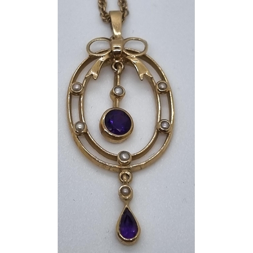 266 - Edwardian design 9ct gold Amethyst and pearl pendant on chain.  7g approx.   (B.P. 21% + VAT)