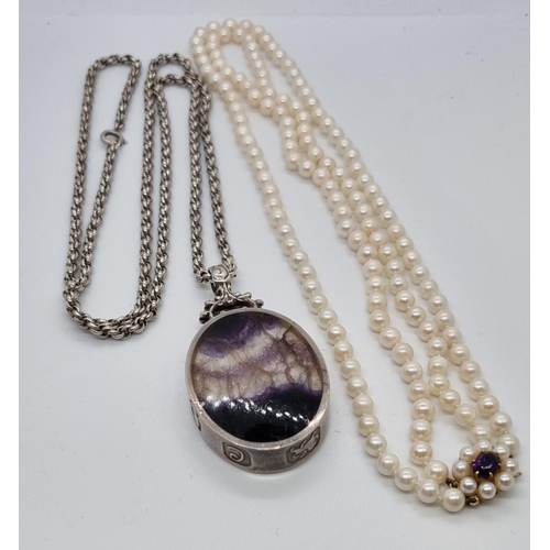 267 - Double pearl necklace with 9ct gold and amethyst clasp together with a silver and blue john stone se... 