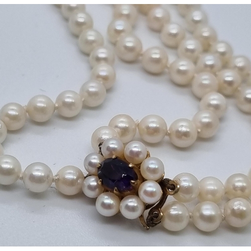 267 - Double pearl necklace with 9ct gold and amethyst clasp together with a silver and blue john stone se... 