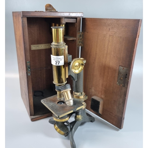 27 - Brass monocular microscope marked ' Baker, of London' in fitted wooden case with additional oculars ... 