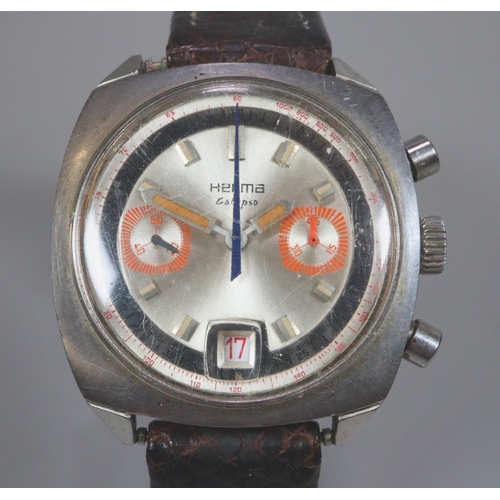 279 - Herma Calypso two buttoned chronograph stainless steel wristwatch, having baton numerals to the silv... 