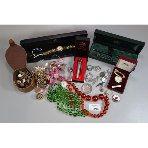 298 - Collection of jewellery and oddments to include: Krug Baumen ladies watch in original box, dress rin... 