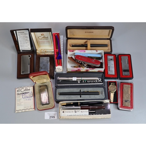 299 - Collection of vintage pens, lighters, penknives and similar items to include: Parker, Starcross, Bri... 