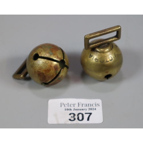 307 - Pair of 19th century brass sleigh bells. both marked Victoria No. 21 .  (B.P. 21% + VAT)