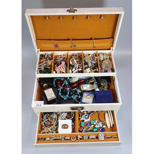 312 - Jewellery box comprising vintage and other jewellery: watches, ring, necklaces, pendants, mother of ... 