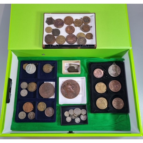 317 - Collection of old tokens, coins, medals, medallions, silver coin brooch, Art Deco silver watch chain... 