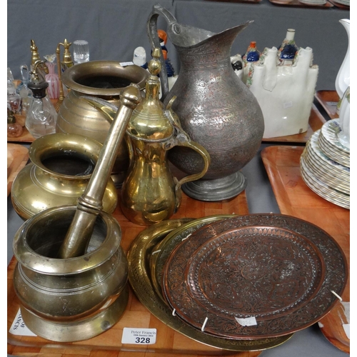 328 - Tray of metalware to include: brass mortar and pestle, two brass Pakistani spitoons, Iranian engrave... 