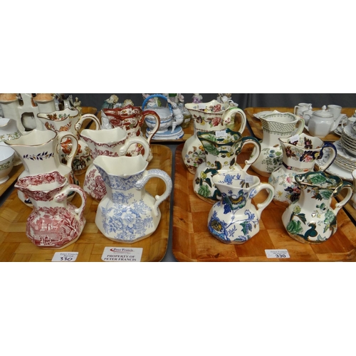 330 - Two trays of Mason's Ironstone dresser jugs in various patterns and sizes including: 'Chartreuse', '... 