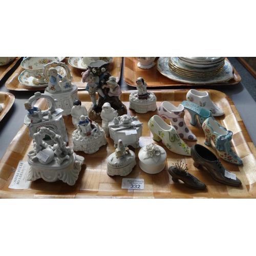 332 - Three trays of mostly china to include: various trinket boxes and ornaments; Crown Staffordshire pil... 