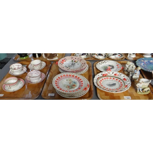 341 - Three trays of mostly 19th Century china to include: pink lustre and other cabinet cups and saucers,... 