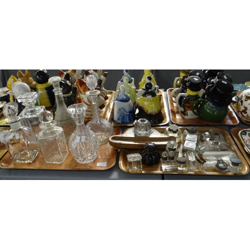 344 - Two trays of glassware to include: decanters in various shapes and sizes, some cut glass with star c... 