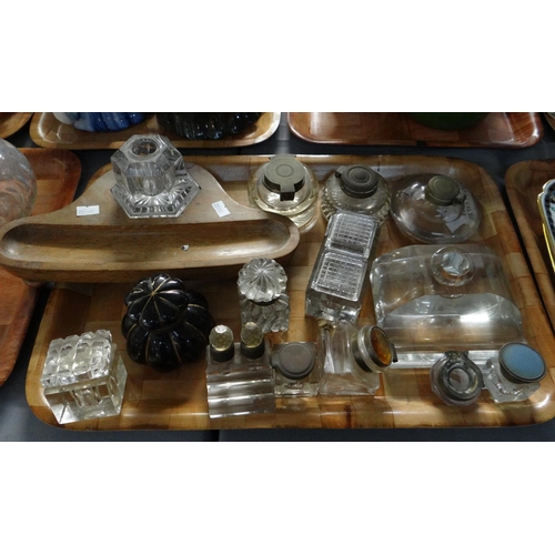 344 - Two trays of glassware to include: decanters in various shapes and sizes, some cut glass with star c... 