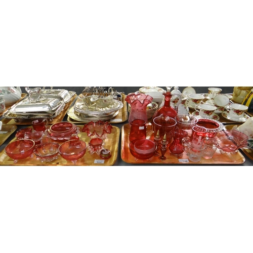 346 - Two trays of mostly cranberry glass to include: Mary Gregory style inkpot and glass, celery vase, de... 