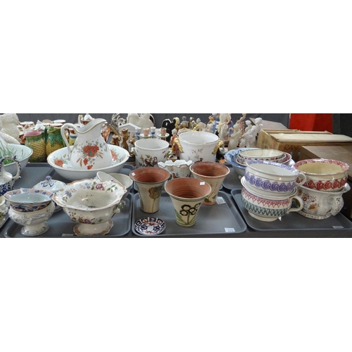 357 - Six trays of china to include: spongeware (possibly Llanelly pottery) chamber pots and bowls, Victor... 