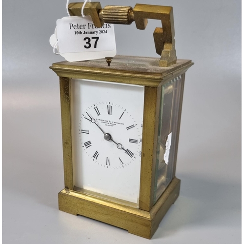 37 - Brass carriage clock, the full depth Roman enamel face marked 'Parkinson & Frodsham, London', with r... 