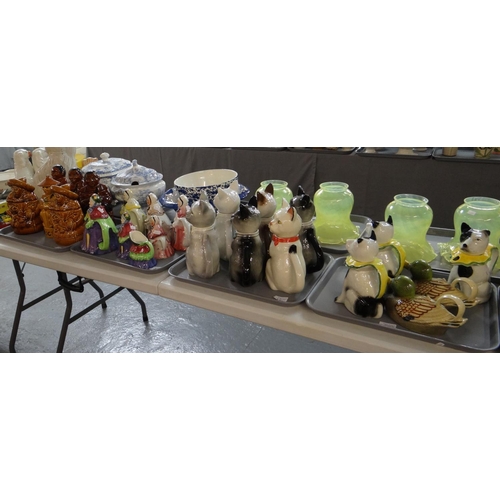 370 - Three trays of novelty teapots, coffee pots and jugs; Tony Wood cats, old ladies, ducks, dogs etc. T... 