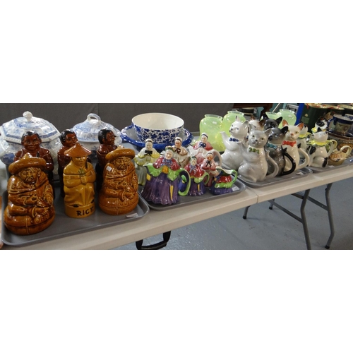 370 - Three trays of novelty teapots, coffee pots and jugs; Tony Wood cats, old ladies, ducks, dogs etc. T... 