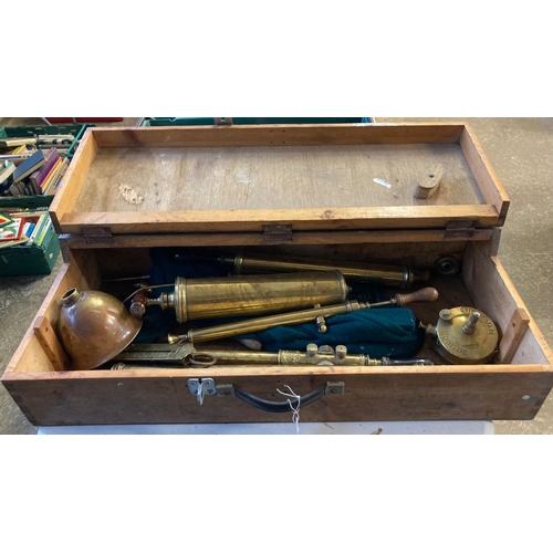 375 - Pine workbox containing collection of brass sprayers, spring balance scales and other interesting it... 